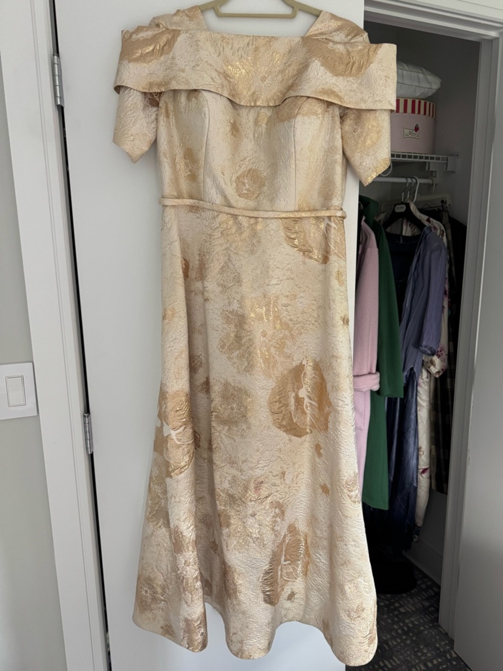 Ivory and Gold Off-Shoulder Floral Jacquard Wedding Dress